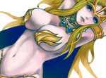  armpits blonde_hair blue_eyes breasts cape chaos_breaker cleavage enk_(mlrampy) fina_(chaos_breaker) large_breasts long_hair navel pasties sideboob solo 