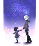  1girl bad_id bad_pixiv_id bespectacled child dress fate/zero fate_(series) fireworks glasses hair_ribbon highres holding_hands matou_kariya matou_sakura purple_eyes purple_hair ribbon scr.e uncle_and_niece white_hair younger 