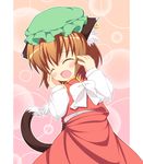  animal_ears blush bow brown_hair cat_ears cat_tail chen closed_eyes earrings fang hat heart heart_tail highres jewelry multiple_tails open_mouth pila-pela ribbon short_hair solo tail touhou 