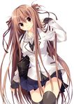  bag black_legwear blush brown_hair hair_ribbon highres kuwashima_rein long_hair looking_at_viewer orange_eyes original ribbon school_bag school_uniform simple_background sleeves_past_wrists smile solo thighhighs tororo_inniina two_side_up very_long_hair zettai_ryouiki 