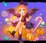  ama-tou bat_wings blonde_hair candy candy_cane chin_rest crossed_legs food hair_ribbon hairband halloween highres letterboxed lollipop looking_at_viewer nail_polish open_mouth original pumpkin purple_eyes purple_skirt ribbon sitting skirt smile solo swirl_lollipop wings 