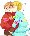  blonde_hair blush brown_hair butters_stotch eric_cartman eyes_closed heart kiss kissing licking short_hair simple_background south_park sweat tongue tongue_out yaoi 