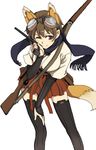  animal_ears brown_eyes brown_hair gauntlets goggles goggles_on_head gun hand_on_leg handgun japanese_clothes katou_keiko leaning_forward military military_uniform ningen_(ningen96) one_eye_closed pistol scarf short_hair smile solo tail thighhighs uniform weapon world_witches_series 