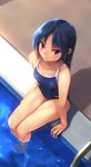  arena_(company) bad_id bad_pixiv_id blue_hair competition_school_swimsuit from_above highres idolmaster idolmaster_(classic) kisaragi_chihaya long_hair looking_at_viewer looking_up one-piece_swimsuit pool pool_ladder poolside red_eyes sitting soaking_feet solo swimsuit water wet yuki_usagi_(mofurafu) 