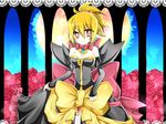  bad_id bad_pixiv_id bare_shoulders blonde_hair bow breasts bright_pupils disgaea dress earrings flower full_moon hair_up huge_bow jewelry makai_senki_disgaea_2 medium_breasts moon red_eyes red_flower red_rose ribbon rose rozalin shikito short_hair smile solo strapless strapless_dress yellow_bow 