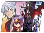  2boys bat black_hair blush_stickers cape choker creature desco_(disgaea) disgaea earrings fang fenrich_(disgaea) formal full_body gloves hand_on_hip horns jewelry kinu_(le) knife makai_senki_disgaea_4 multiple_boys pants pointy_ears prinny purple_hair red_eyes shoes short_hair smile suit valvatorez_(disgaea) vampire white_gloves white_hair yellow_eyes 