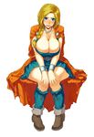  angry bianca blonde_hair blue_eyes blush boots braid breasts cape choker chourui_keiko cleavage dragon_quest dragon_quest_v dress full_body hair_over_shoulder highres huge_breasts knees_touching long_hair open_mouth single_braid sitting solo thick_thighs thighs 
