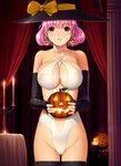  black_legwear blush bob_cut breasts brown_eyes cameltoe candle cleavage cleavage_cutout covered_nipples dragon@harry earrings elbow_gloves fingerless_gloves gloves groin halloween hat highres jack-o'-lantern jack-o'-lantern_earrings jewelry large_breasts looking_at_viewer nipples original pink_hair pumpkin see-through shiny shiny_skin short_hair solo thighhighs witch_hat 