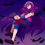  baritone_(suite_precure) bassdrum cape crossed_legs falsetto_(suite_precure) feathers full_body fur_trim half_mask hands_on_own_knee kurochiroko male_focus mask multiple_boys pants pink_hair precure purple purple_background shoes sitting smile spoilers suite_precure 