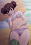  bad_id bad_pixiv_id bed bed_sheet biting blanket blush body_blush bow bow_bra bow_panties bra brown_eyes brown_hair embarrassed from_above grey_bra grey_panties k-on! lingerie lying midriff navel on_back open_clothes panties pants_down pillow shian_(my_lonly_life.) shirt shirt_lift short_twintails solo striped suzuki_jun sweat t-shirt thighs twintails underwear untied vertical-striped_bra vertical-striped_panties vertical_stripes 