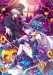  1boy 1girl artist_request bow boy broom capura_lin coat elbow_gloves european_clothes female girl gloves halloween hat hat_bow light_smile male popped_collar pumpkin retro_clothes ribbon source_request striped striped_legwear striped_thighhighs thighhighs top_hat witch_hat 