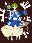  barefoot building dotted_line earth green_eyes green_hair hat lamp mam233 midriff navel planet poncho sheep short_hair shorts smile solo star vocaloid wonderland_to_hitsuji_no_uta_(vocaloid) 