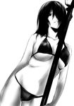  against_railing bikini black_hair breasts greyscale groin hair_over_one_eye highres large_breasts long_hair monochrome original sayamai_miyabi solo swimsuit underboob 