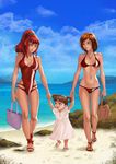  beach bikini bloocarrot breasts child cleavage covered_navel cross family good_end highres holding_hands if_they_mated ips_cells jewelry jung_freud medium_breasts midriff mother_and_daughter multiple_girls navel necklace one-piece_swimsuit sandals skindentation skinny swimsuit takaya_noriko top_wo_nerae! yuri 