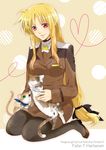 blonde_hair breasts cat character_name copyright_name fate_testarossa gen_(enji) green_eyes heart heart_of_string heterochromia large_breasts long_hair low-tied_long_hair lyrical_nanoha mahou_shoujo_lyrical_nanoha_strikers military military_uniform pantyhose red_eyes sitting smile solo tsab_ground_military_uniform uniform wariza 
