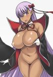  1girl areolae bar_censor bb_(fate)_(all) bb_(fate/extra_ccc) black_cape blush breast_lift breasts cape censored collarbone darabuchi dark_skin eyebrows_visible_through_hair eyes_visible_through_hair fate/grand_order fate_(series) gloves gradient grey_background hair_ribbon halterneck large_breasts legs_together long_hair looking_at_viewer naked_cape navel nipples open_mouth purple_eyes purple_hair red_ribbon ribbon simple_background smile solo standing very_long_hair white_gloves 