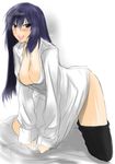  blue_hair blush breasts cleavage kneeling large_breasts on_bed open_clothes open_mouth open_shirt original sayamai_miyabi shirt smile solo thighhighs thighhighs_pull thighs undressing 