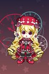  blonde_hair blush bow chibi cinia_pacifica clock coat dress drill_hair flower frills hat lolita_fashion long_hair lowres open_mouth pink_eyes ribbon rose shoes solo star sword_girls thighhighs 