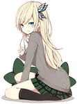  bad_id bad_pixiv_id black_legwear blonde_hair blue_eyes boku_wa_tomodachi_ga_sukunai butterfly_hair_ornament hair_ornament kashiwazaki_sena kneehighs long_hair meet_neet school_uniform simple_background sitting skirt solo st._chronica_academy_uniform wariza 