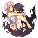  1girl anklet bare_legs barefoot black_hair blue_eyes blush braid carrying couple cross disgaea gloves hair_tubes hetero hoshihuri jewelry long_hair makai_senki_disgaea_4 pink_hair pointy_ears princess_carry red_eyes sidelocks valvatorez_(disgaea) vulcanus_(disgaea_4) white_gloves wings 