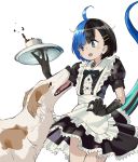  1girl :o alternate_costume apron black_dress black_eyes black_hair black_neckwear blue_eyes blue_hair bow bowtie claws commentary_request cup dog dog_request dress enmaided eyebrows_visible_through_hair hair_ornament hairclip heterochromia highres holding japanese_skink_(kamemaru) kamemaru looking_down maid maid_apron monster_girl multicolored_hair original puffy_short_sleeves puffy_sleeves scared short_hair short_sleeves spilling standing tail teacup thighs tray two-tone_hair waist_apron white_apron 