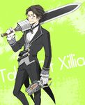  alternate_costume alvin_(tales) bad_id bad_pixiv_id black_hair brown_eyes copyright_name dual_wielding formal gloves green_background gun holding male_focus monocle over_shoulder pants smile solo suit sumeshi_(ambivalince) sword sword_over_shoulder tales_of_(series) tales_of_xillia weapon weapon_over_shoulder white_gloves 