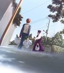  1girl coat emiya_shirou fate/stay_night fate_(series) from_behind game_cg groceries hat illyasviel_von_einzbern purple_hat raglan_sleeves red_hair takeuchi_takashi white_hair 