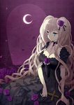  aqua_eyes black_dress blonde_hair breasts choker cleavage crescent_moon cross dress flower gothic_lolita hair_flower hair_ornament large_breasts lolita_fashion long_hair mami_(apsaras) moon original solo twintails very_long_hair 