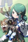  blue_eyes blush crest dog fingerless_gloves gauntlets gloves green_eyes green_hair hair_ornament hairclip lena_(zoal) on_ground open_mouth ponytail rotori sheath sheathed shield sitting solo_focus striped striped_legwear sword sword_girls tears thighhighs tongue weapon welsh_corgi 