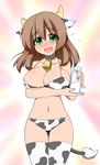  1girl animal_ears bell bikini blush breasts brown_hair cleavage cow cow_ears cow_girl cow_print cow_tail female green_eyes highres holstaurus horns kaz_(shade) large_breasts long_hair looking_at_viewer makihara_nodoka milk monster_girl navel open_mouth original simple_background smile solo standing swimsuit tail thighhighs 