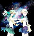  akatsuki_(yaneura_alice) back_bow bishoujo_senshi_sailor_moon blonde_hair blue_eyes blue_sailor_collar blue_skirt bow deep_aqua_mirror gloves green_hair kaiou_michiru long_hair magical_girl mirror multiple_girls neptune_symbol outer_senshi pleated_skirt sailor_collar sailor_neptune sailor_senshi sailor_senshi_uniform sailor_uranus short_hair skirt smile space_sword sword ten'ou_haruka tiara very_short_hair weapon white_gloves yellow_bow 