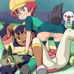  axew blue_eyes blush brown_eyes dark_skin disguised_zorua gen_5_pokemon grin hat iris_(pokemon) langley_(pokemon) leggings long_hair multiple_girls oshawott panties pencil_skirt pokemoa pokemon pokemon_(anime) pokemon_(creature) pokemon_bw_(anime) purple_hair red_hair short_hair skirt smile tail thighhighs underwear upskirt white_legwear zorua 