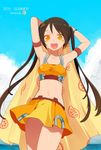  2011 arancia armpits arms_behind_head arms_up banned_artist blush_stickers brown_hair cloud day harano long_hair looking_at_viewer midriff miniskirt navel open_mouth orange_eyes orange_skirt original skirt sky smile solo twintails 
