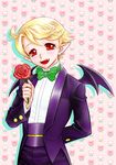  arm_behind_back blonde_hair bow bowtie disgaea flower formal kotatsu_seijin makai_senki_disgaea_2 male_focus personification pointy_ears red_eyes red_flower red_rose ribbon rose smile solo suit tink_(disgaea) wings 