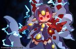  bad_id bad_pixiv_id boots choker desco_(disgaea) disgaea gloves glowing glowing_eyes horns lightning makai_senki_disgaea_4 monster_girl nokiri outstretched_hand pointy_ears purple_footwear purple_hair purple_legwear red_eyes short_hair skirt solo tail thighhighs zettai_ryouiki 