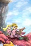  1girl bird blonde_hair blue_eyes carrying chikuwa_(rinka) link loftwing long_hair pointy_ears princess_zelda smile the_legend_of_zelda the_legend_of_zelda:_skyward_sword 