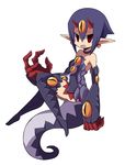  armpits boots choker desco_(disgaea) disgaea earrings fang flat_chest full_body gloves horns jewelry makai_senki_disgaea_4 monster_girl n_(ruff) pointy_ears purple_footwear purple_hair purple_legwear red_eyes short_hair skirt solo tail thighhighs zettai_ryouiki 