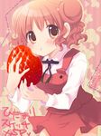  blush double_bun eating food fruit fukuda_fukutarou hidamari_sketch hiro oversized_food pink_hair red_eyes school_uniform short_hair skirt solo strawberry 