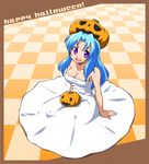  arm_support bad_id bad_pixiv_id bare_shoulders blue_hair breasts checkered checkered_floor chiki_(chikibw) cleavage dress halloween happy_halloween jack-o'-lantern long_hair medium_breasts object_on_head on_floor open_mouth original pumpkin purple_eyes sitting smile solo white_dress 