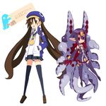  2girls :d :o bad_id bad_pixiv_id bag black_legwear blue_hat blush_stickers boots brown_eyes brown_hair choker desco_(disgaea) disgaea full_body gloves hand_in_pocket happy hat horns jacket kazamatsuri_fuuka loafers long_hair makai_senki_disgaea_4 monster monster_girl multiple_girls open_mouth pointing pointy_ears purple_footwear purple_hair purple_legwear red_eyes school_bag school_uniform shoes short_hair skirt smile thighhighs twintails very_long_hair zettai_ryouiki 