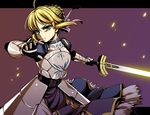  ahoge armor armored_dress artoria_pendragon_(all) blonde_hair dress excalibur face fate/stay_night fate_(series) fire gauntlets glowing glowing_sword glowing_weapon green_eyes hair_ribbon ribbon saber solo sword uousa-ou weapon 