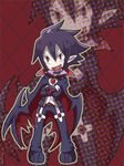  argyle argyle_background black_hair cape chibi choker crossed_arms disgaea formal full_body lowres makai_senki_disgaea_4 male_focus mizuki_(x_chocola_x) pale_skin pointy_ears red_eyes shoes smile solo suit valvatorez_(disgaea) vampire zoom_layer 