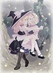  alice_margatroid bad_id bad_pixiv_id blonde_hair blue_eyes boots cross-laced_footwear eye_contact face-to-face hat highres kirisame_marisa lace-up_boots long_hair looking_at_another mary_janes multiple_girls ofuton_zeb shoes short_hair sitting sitting_on_lap sitting_on_person socks touhou white_legwear witch_hat yellow_eyes yuri 