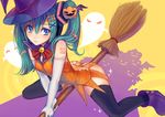  alternate_hairstyle ass bad_id bad_pixiv_id bell black_legwear blue_eyes bow broom elbow_gloves food_themed_hair_ornament ghost gloves green_hair hair_ornament hair_over_shoulder hairclip halloween hat hatsune_miku jack-o'-lantern jingle_bell long_hair pumpkin pumpkin_hair_ornament solo straddling thighhighs twintails tyun vocaloid witch_hat 