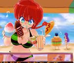  anklet barefoot beach between_breasts bikini blue_eyes braid breasts cleavage day genderswap genderswap_(mtf) hips hoshino_lala ikayaki jewelry medium_breasts mouth_hold multiple_girls ocean ranma-chan ranma_1/2 red_hair saotome_ranma shampoo_(ranma_1/2) shaved_ice squid swimsuit tendou_akane wide_hips 