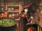  bad_id bad_pixiv_id black_hair blue_eyes book braid breasts burunuu_(bullnukko) cape cauldron cleavage hat jack-o'-lantern jewelry looking_at_viewer magic_research medium_breasts necklace open_mouth original pumpkin pumpkin_hat solo twin_braids witch witch_hat 