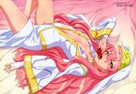  absurdres blush bridal_gauntlets flat_chest food fruit fujii_masahiro highres long_hair louise_francoise_le_blanc_de_la_valliere megami naughty_face non-web_source nun official_art open_clothes open_mouth pink_eyes pink_hair robe sexually_suggestive solo strawberry thighs tongue very_long_hair zero_no_tsukaima 