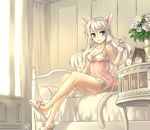  animal_ears animal_slippers bad_id bad_pixiv_id bare_legs bare_shoulders bed blonde_hair blue_eyes breasts cat_ears cat_tail cleavage fang flower gl_ztoh hair_twirling hands lace legs long_hair medium_breasts nightgown no_bra original rose signature silver_hair sitting slippers smile solo tail white_flower white_rose 
