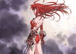  ass back backless_outfit bare_shoulders claw_(weapon) isedaichi_ken leotard long_hair mieu_(phantasy_star) phantasy_star phantasy_star_iii red_hair red_leotard solo weapon wind wind_lift 