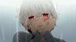  blood hands_on_own_cheeks hands_on_own_face kl male_focus no.6 parody rain red_eyes shion_(no.6) solo white_hair yandere yandere_trance 